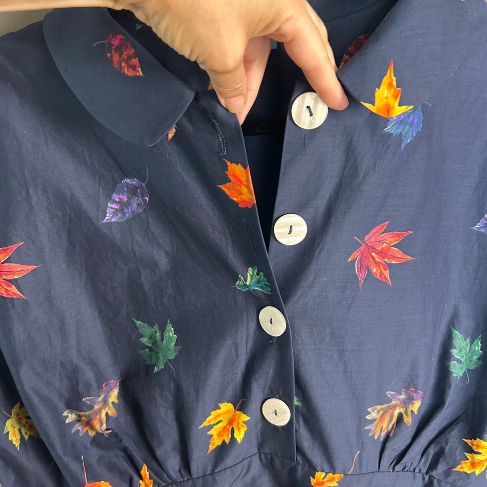 ModCloth Navy Dress with Red Orange Yellow Leaf Print - Picture 5 of 10